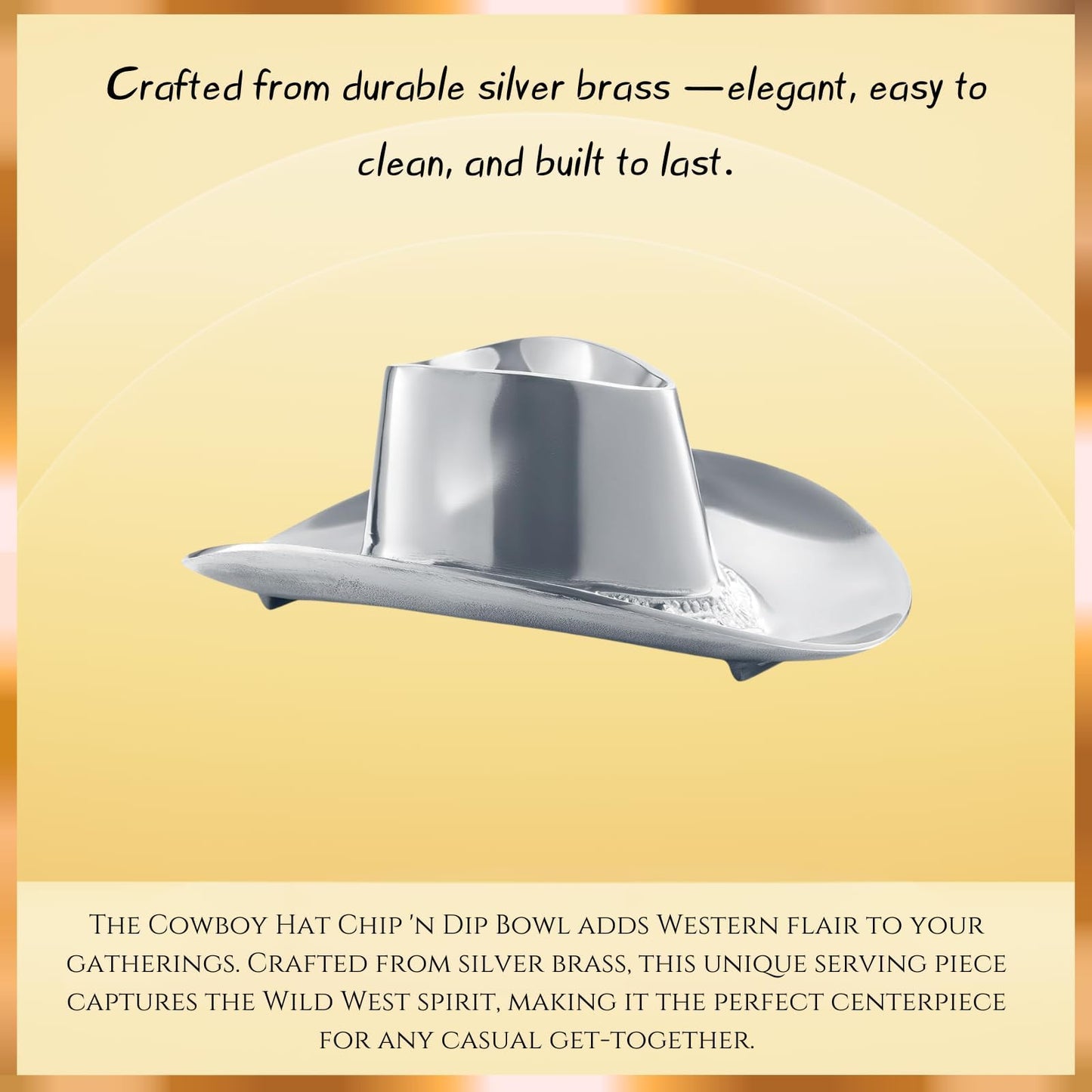 Cowboy Hat Chip and Dip Serving Bowl Silver Brass Snack