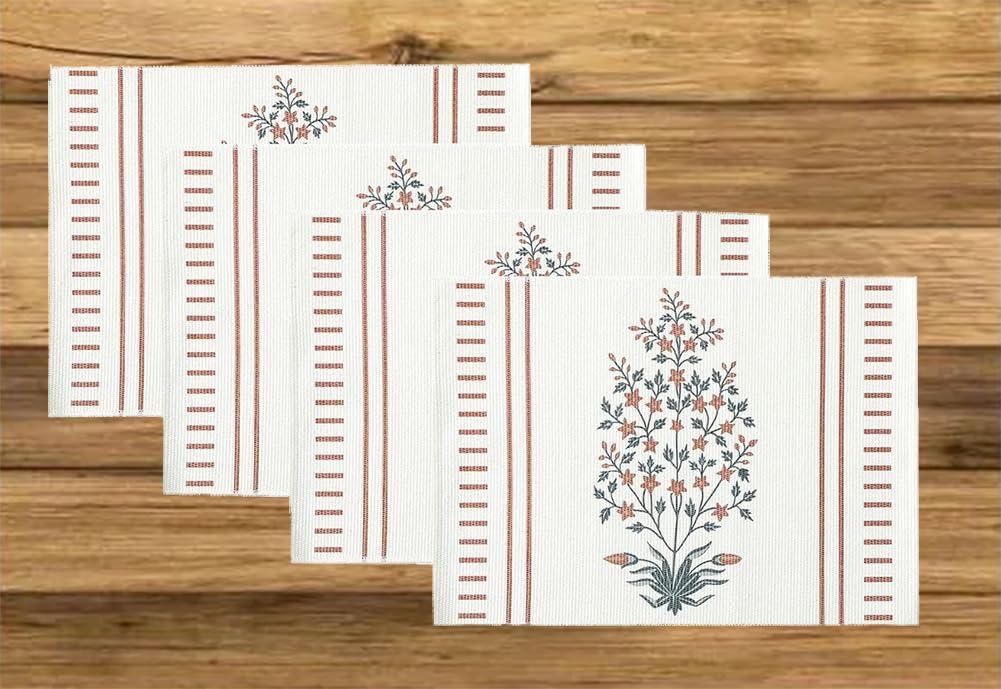 Fennco Styles Botanical Floral Print Cotton Blend Woven Table Placemats 13" W x 19" L, Set of 4 - Flower Design Table Mats for Home Décor, Dining Table, Banquet, Holiday and Family Gathering