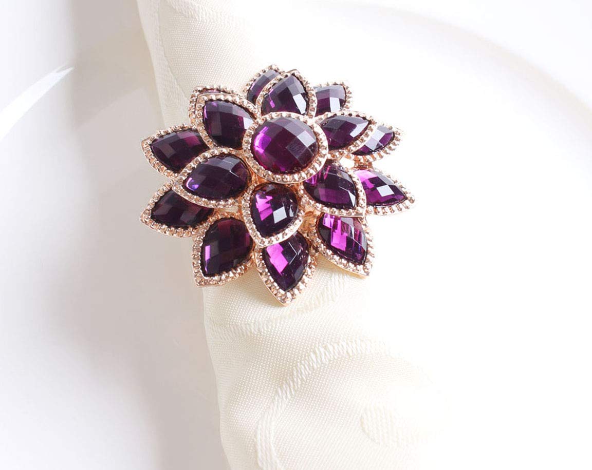 Fennco Styles Rhinestone Crystal Flower Napkin Rings Wedding Holiday Table Decoration - Set of 4