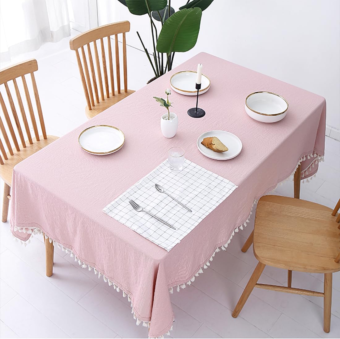 Fennco Styles Modern Houndstooth Design Everyday Tablecloth 40" W X 56" L - Yellow Cotton Blend Tassels Table Cover for Dining Room, Banquets, Holidays, Special Events and Home Décor