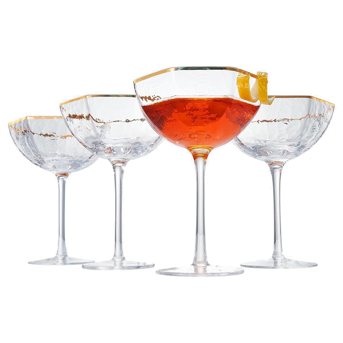 Khen Champagne Coupe Glasses Set of 4 Vintage Octagonal Gold Rim - 6oz Clear Gold Rim