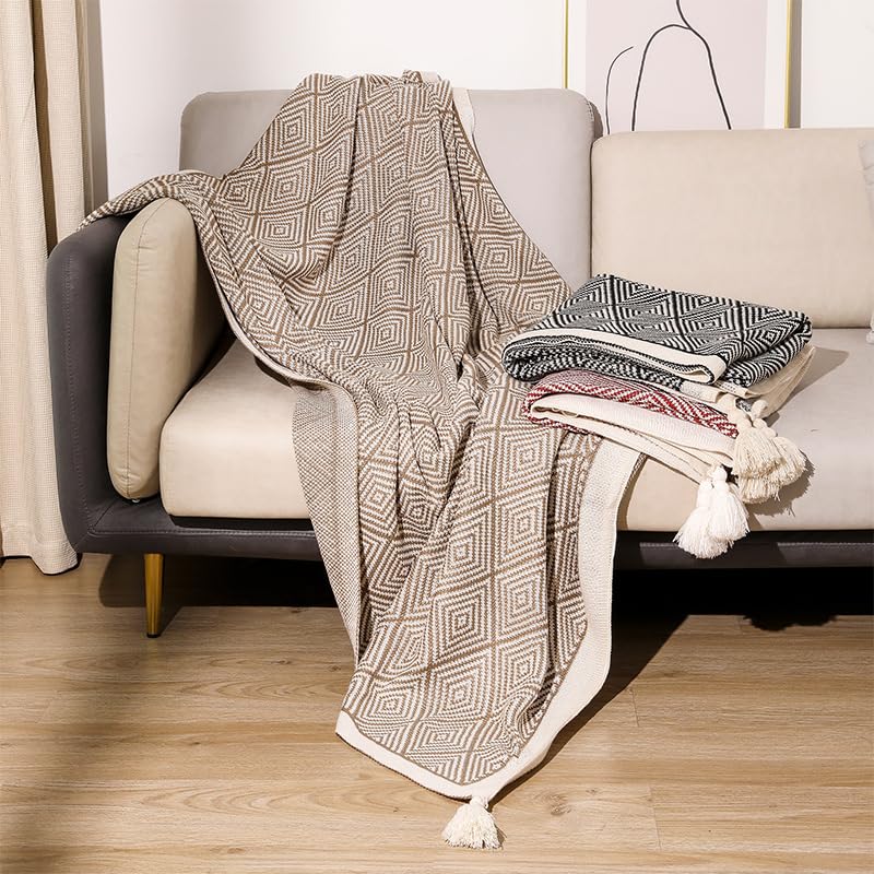 Fennco Styles Modern Diamond Knitted Throw Blanket with Tassel 50" W x 60" L – Taupe Geometric Pattern Lightweight Blanket for Couch, Bedroom, Living Room and Office Décor