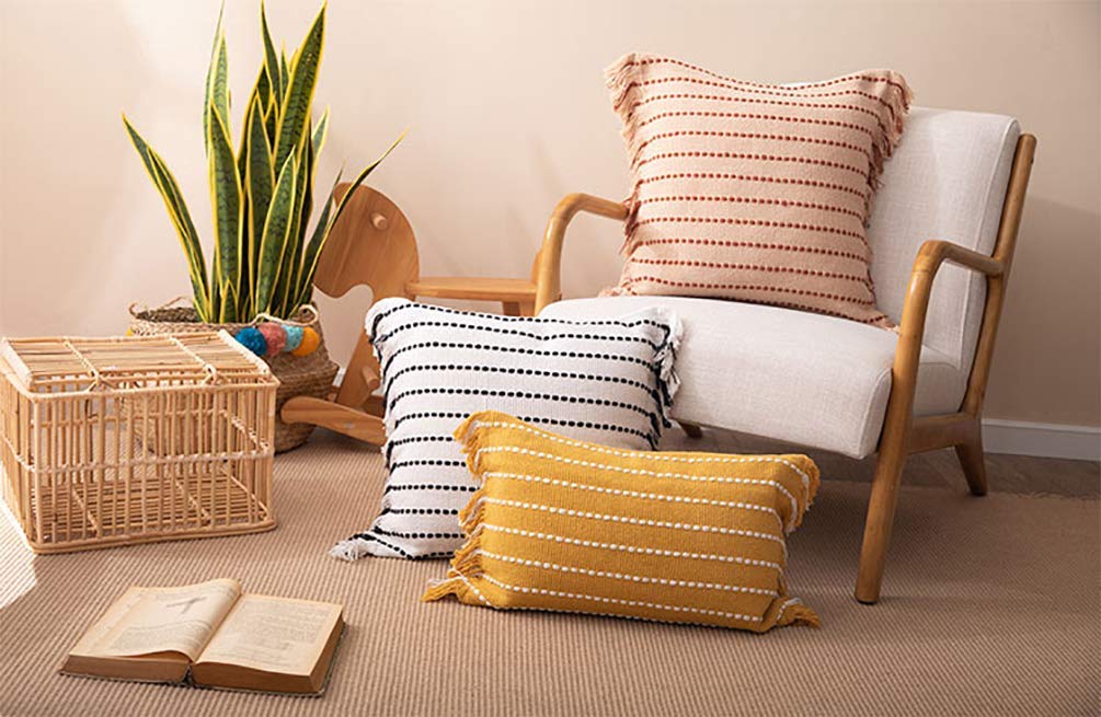Fennco Styles Stitch Line Woven Fringe Cotton Decorative Throw Pillow 20" W x 20" L - White Cushion for Couch, Bedroom, Living Room and Office Décor