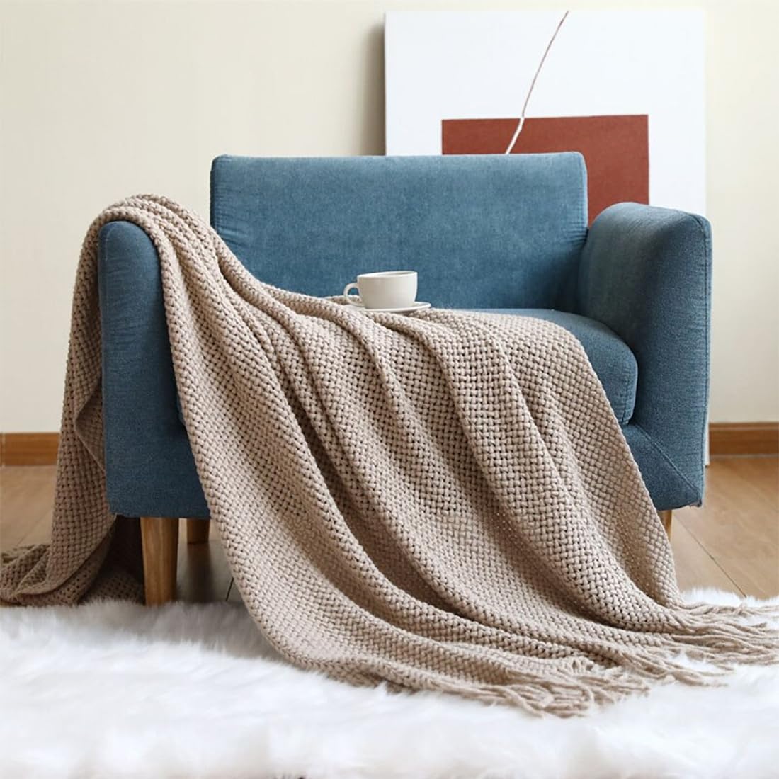 Fennco Styles Textured Knit Solid Fringe Throw Blanket 50" W x 60" L - Navy Blue Waffle Pattern Light Weight Blanket for Sofa, Couch, Living Room and Bedroom Décor