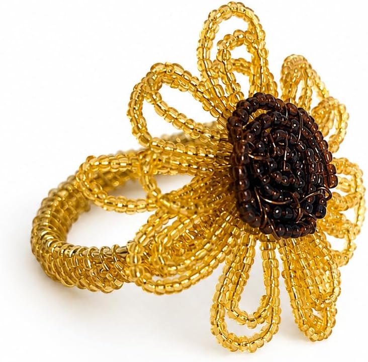 Fennco Styles Beaded Sunflower Napkin Rings, Set of 4 - Handmade Gold Floral Napkin Holders for Fall Dining Décor, Thanksgiving, Harvest Parties & Everyday Entertaining