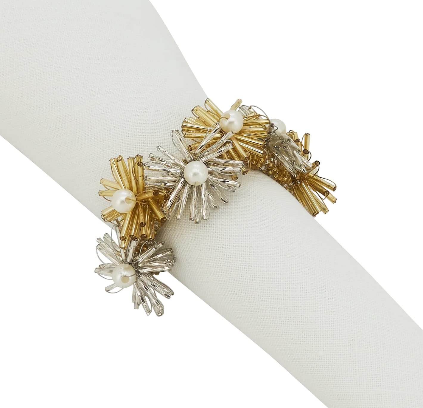 Fennco Styles Hand Beaded Flower Metal Napkin Rings, Set of 4 - Glass Beads Napkin Holders for Christmas, Home, Dining Room, Banquet, Family Gathering, Holiday and Special Occasion