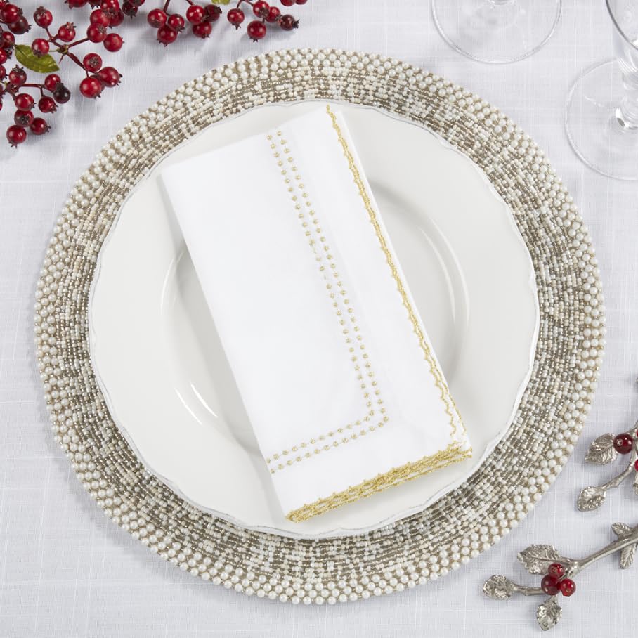 Fennco Styles Embroidered Metallic Border Cotton Cloth Napkins 18" W x 18" L, Set of 4