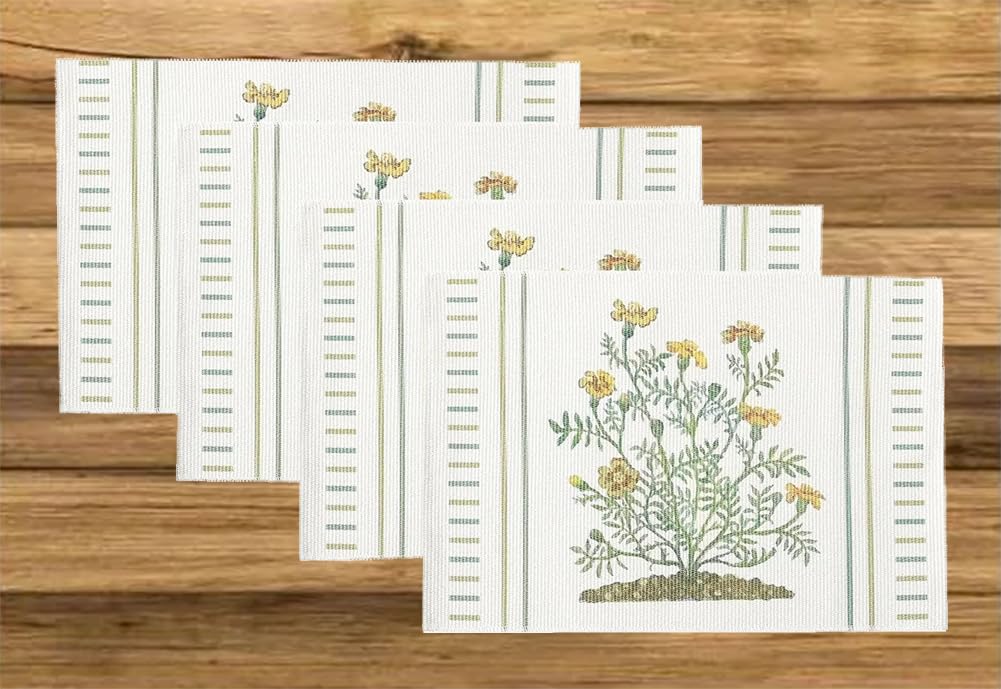 Fennco Styles Botanical Floral Print Cotton Blend Woven Table Placemats 13" W x 19" L, Set of 4 - Flower Design Table Mats for Home Décor, Dining Table, Banquet, Holiday and Family Gathering