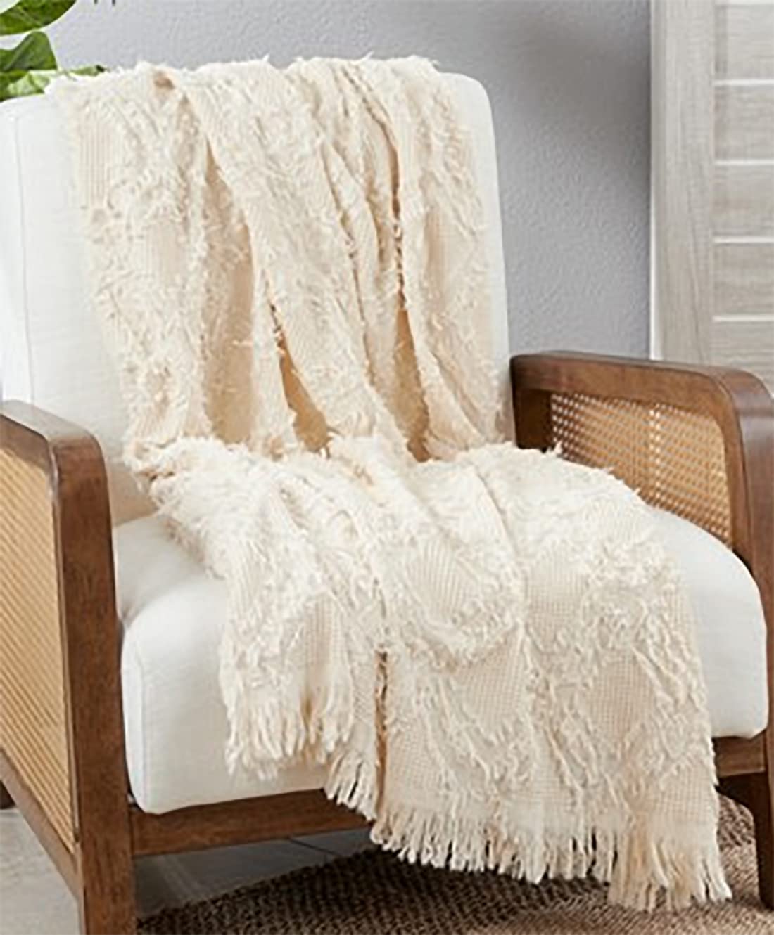 Fennco Styles Boho Fringe Waffle Weave Cotton Throw Blanket 50" W x 60" L – Natural Blanket for Couch, Bedroom and Living Room Décor