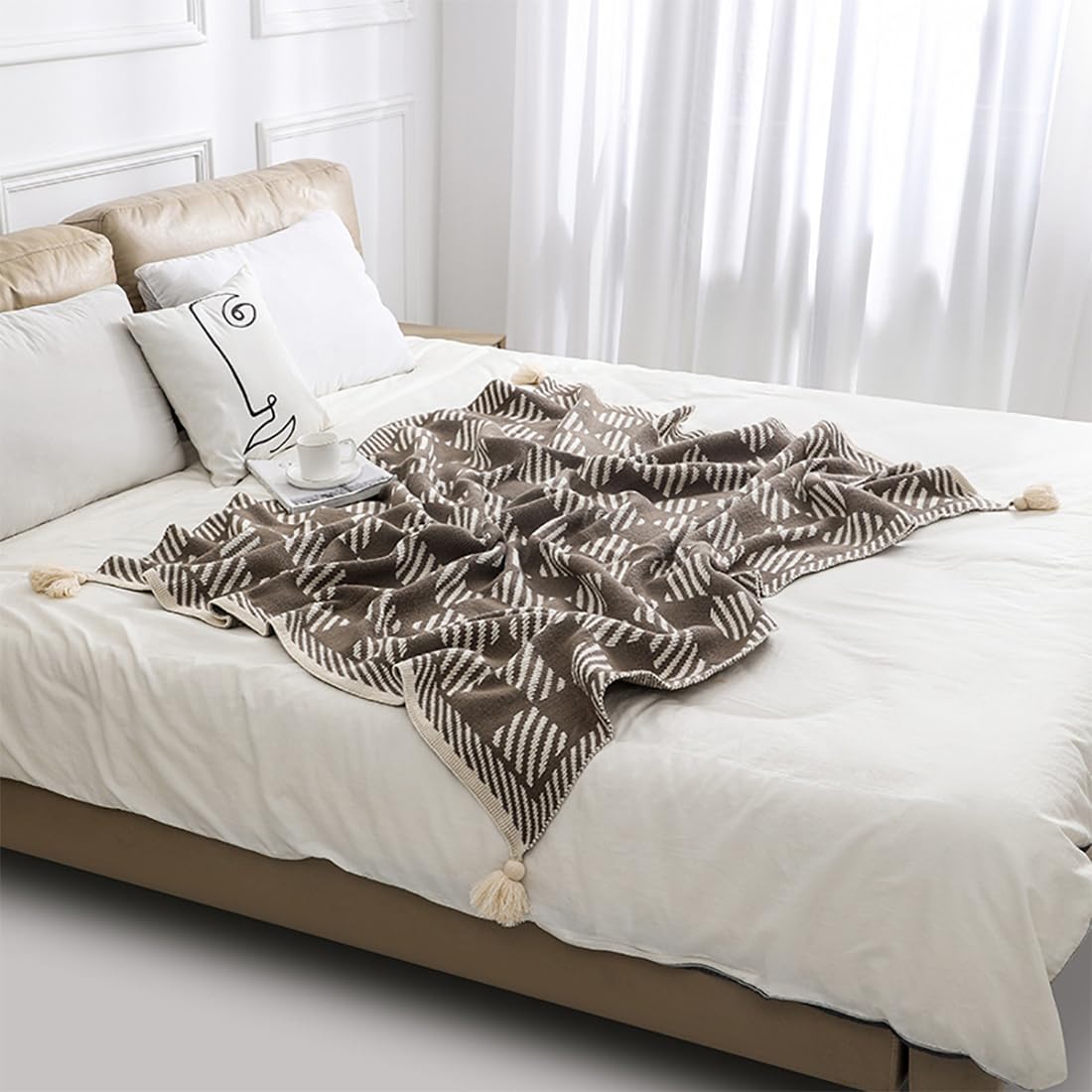 Fennco Styles Checkered Knit Throw Blanket with Tassel 50" W x 60" L – Brown Geometric Pattern Lightweight Blanket for Indoor Outdoor, Couch, Bedroom, Living Room and Office Décor