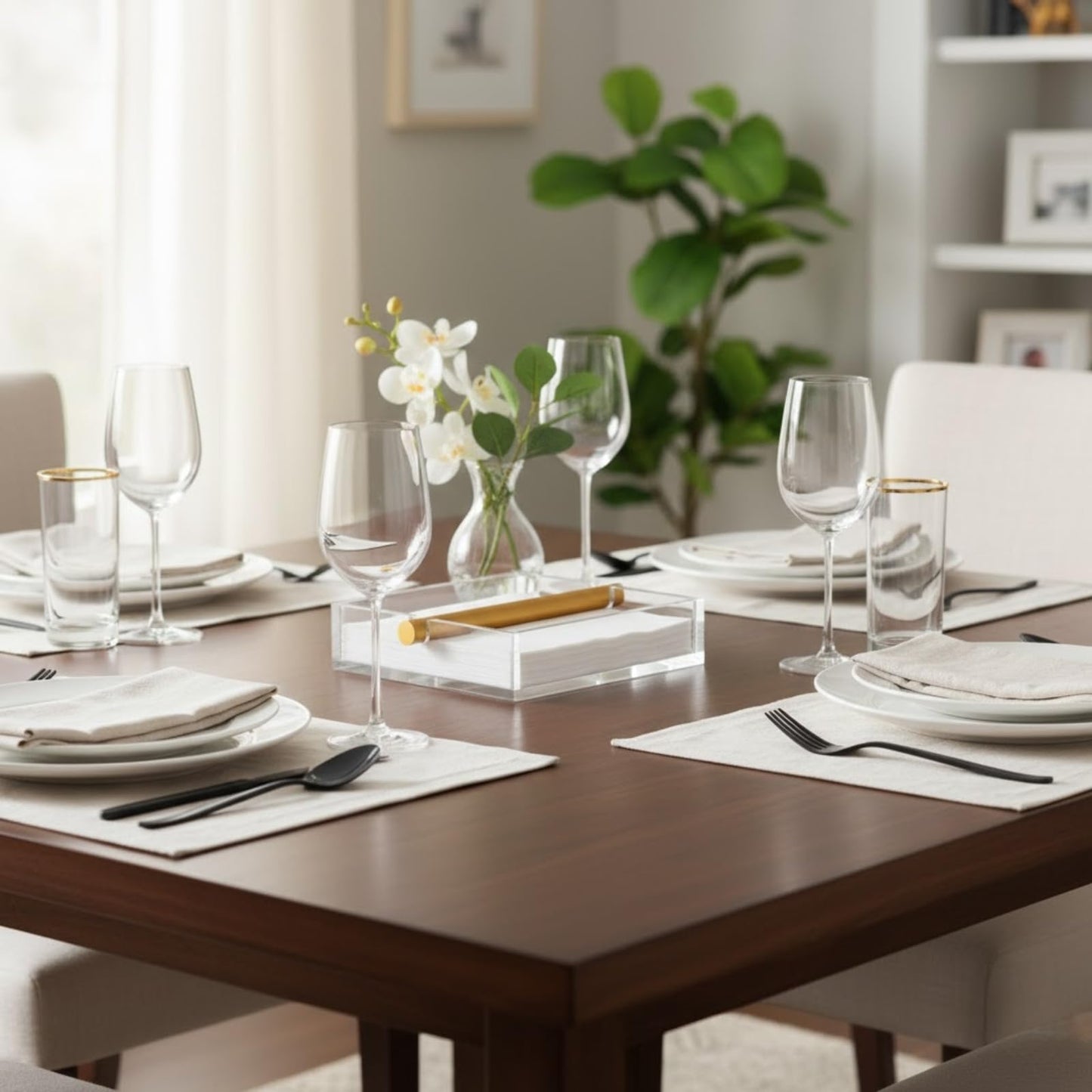 Clear & Gold Napkin Holder – 7"x 7" Square Design | Modern Table Decor