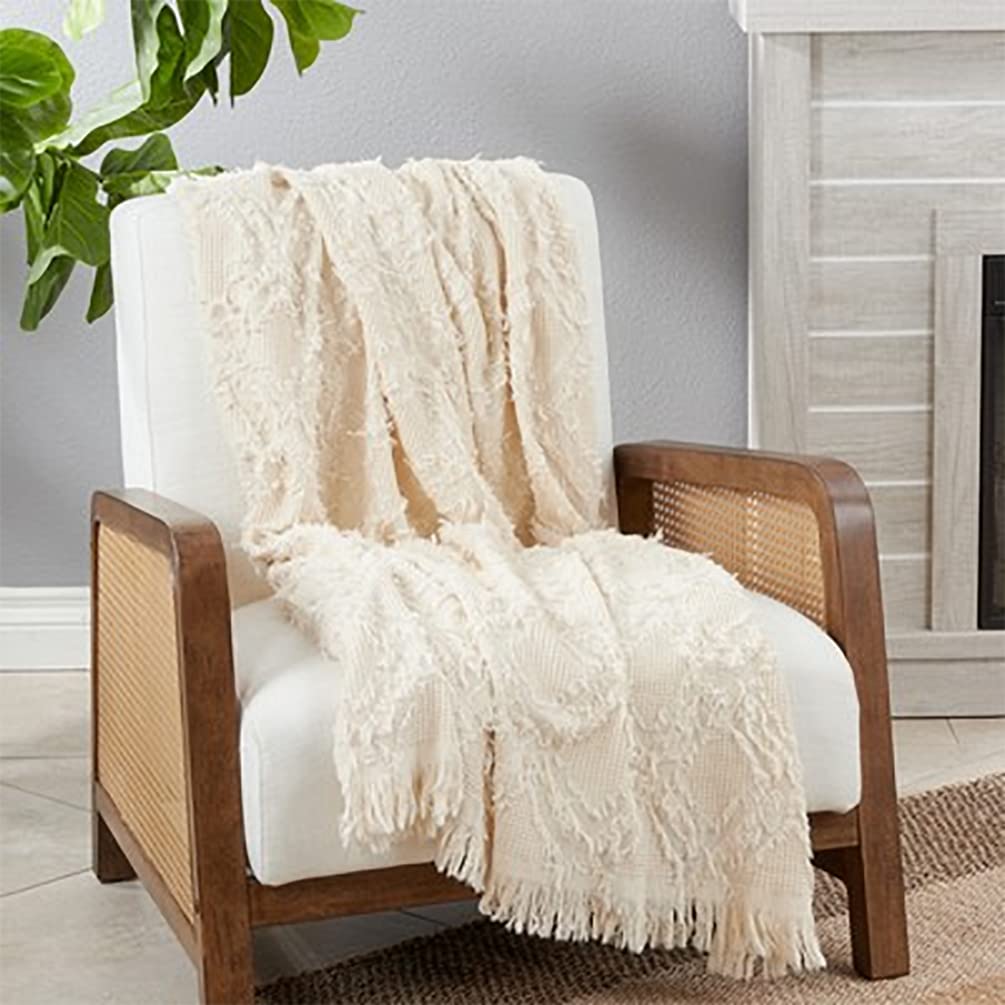 Fennco Styles Boho Fringe Waffle Weave Cotton Throw Blanket 50" W x 60" L – Natural Blanket for Couch, Bedroom and Living Room Décor