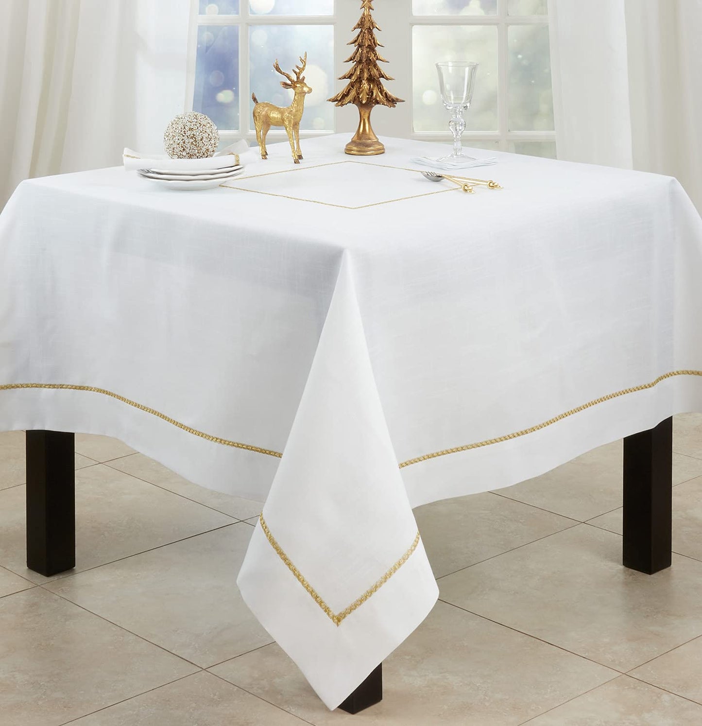 Fennco Styles Gold Embroidered Border Tablecloth 70" W x 70" L - Woven Table Cover for Home Décor, Everyday Use, Christmas, Banquets, Wedding and Special Events