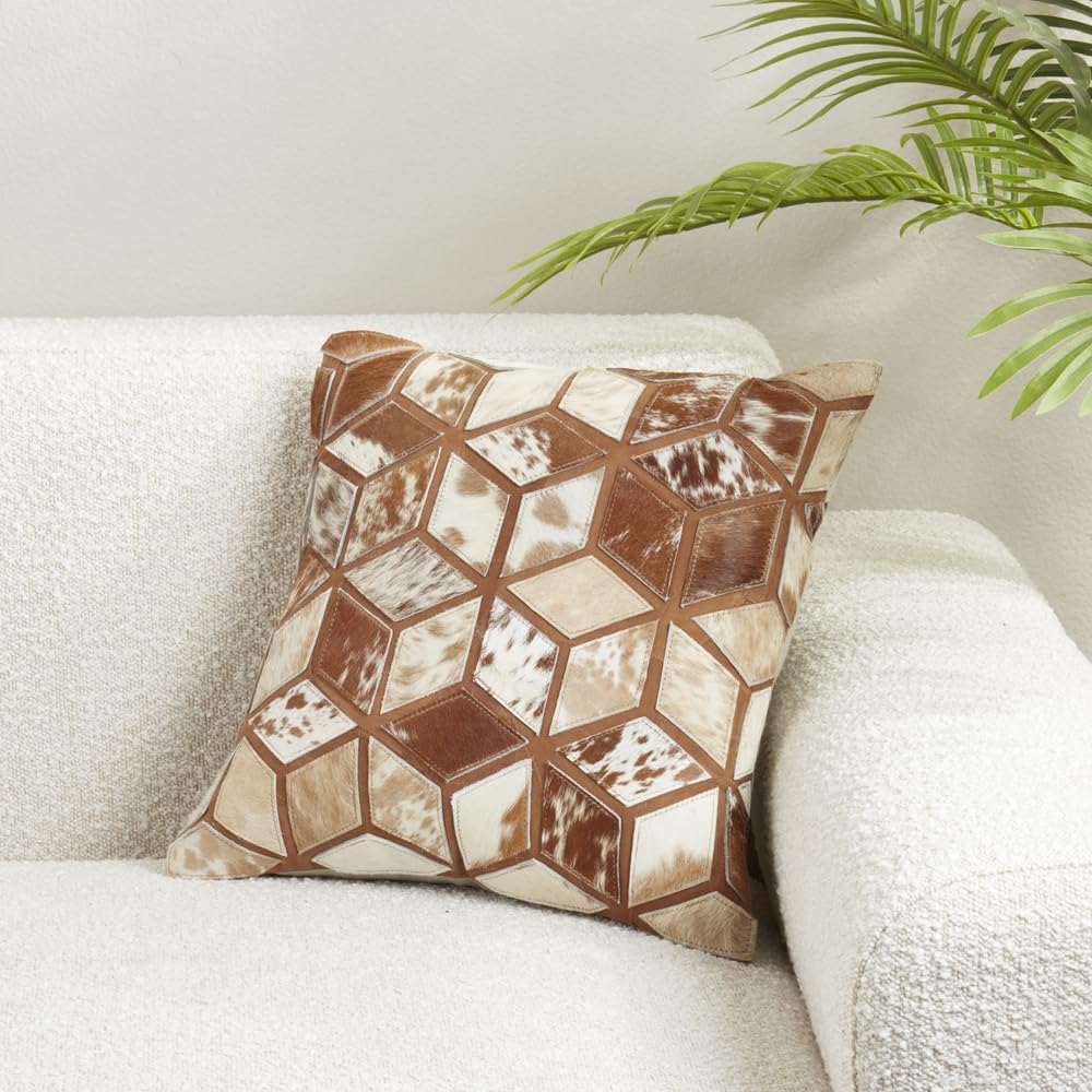 Fennco Styles Diamond Patchwork Hair On Leather Decorative Throw Pillow Cover 16" W x 16" L - Black & White Cushion Case for Home, Couch, Bedroom, Living Room and Office Décor