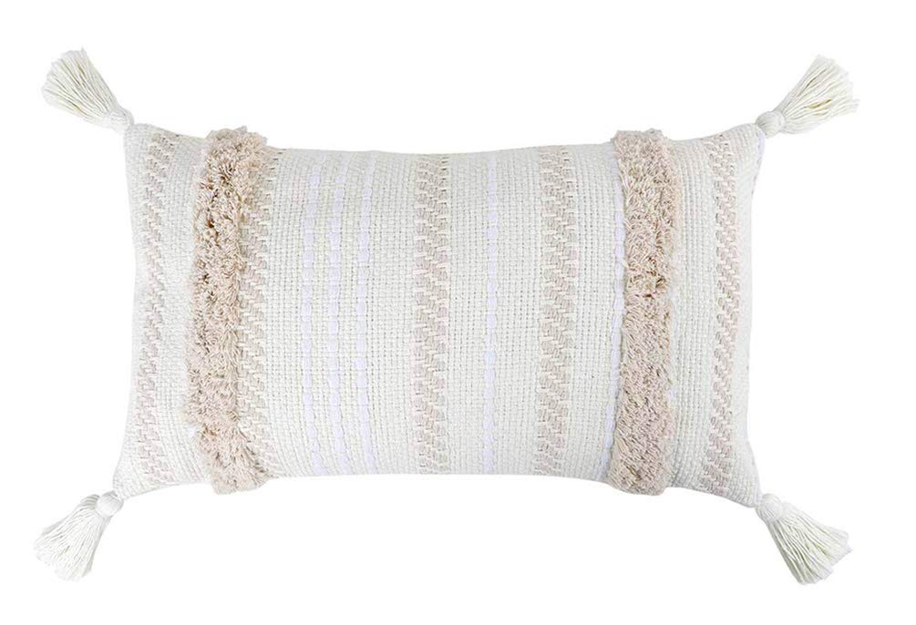 Fennco Styles Handmade Tufted Woven Tassel Decorative Throw Pillow Cover 12" W x 20" L - White Boho Cushion Case for Home, Couch, Bedroom, Office Décor