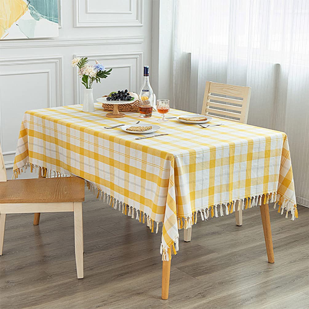 Fennco Styles Cotton Blend Woven Plaid Tassels Tablecloth 56" W x 40" L - Yellow & White Table Cover for Banquets, Holidays, Special Events, Home Décor and Everyday Use