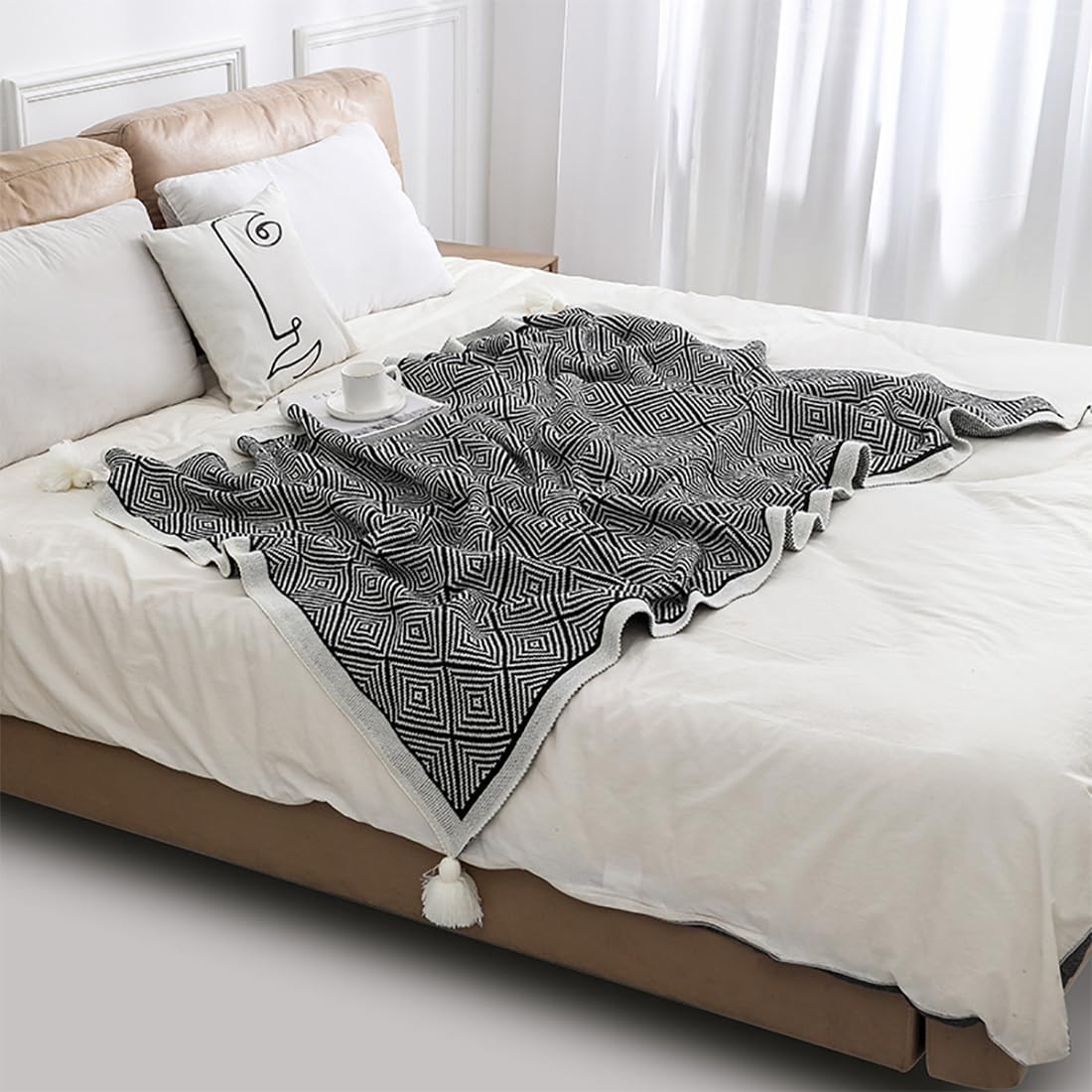 Fennco Styles Modern Diamond Knitted Throw Blanket with Tassel 50" W x 60" L – Taupe Geometric Pattern Lightweight Blanket for Couch, Bedroom, Living Room and Office Décor