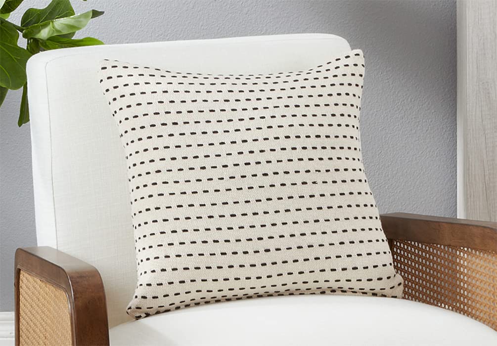 Fennco Styles Cross Stitched Cotton Decorative Throw Pillow Cover 18" W x 18" L - Black Woven Cushion Case for Home, Couch, Living Room, Bedroom, Office and Holiday Décor