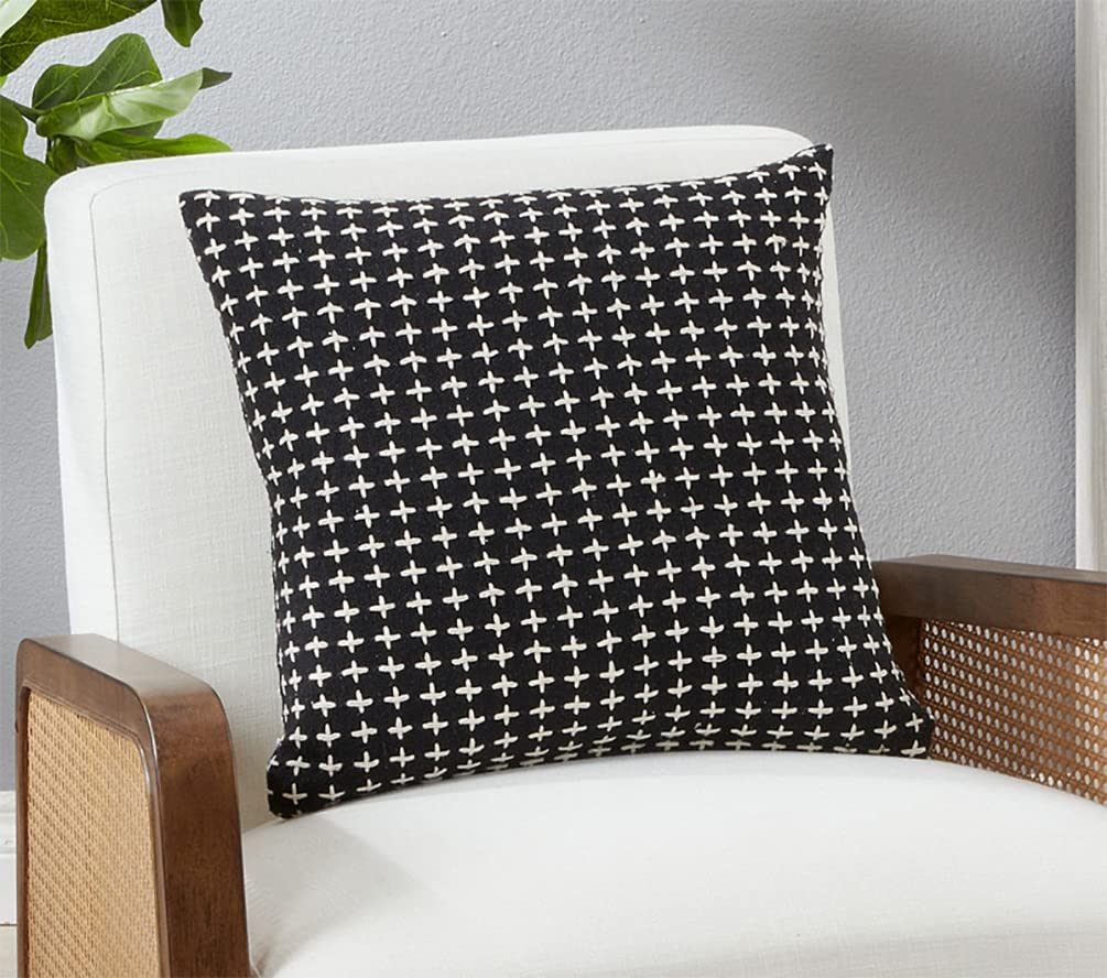 Fennco Styles Cross Stitched Cotton Decorative Throw Pillow Cover 18" W x 18" L - Black Woven Cushion Case for Home, Couch, Living Room, Bedroom, Office and Holiday Décor