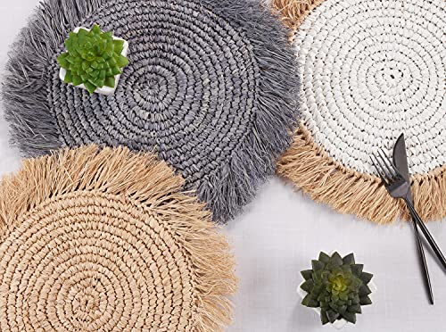 Fennco Styles Raffia Fringe Woven Placemats 15 Inch Round, Set of 4 - Natural Boho Table Mats for Home, Dining Room, Banquets, Family Gathering and Special Occasion