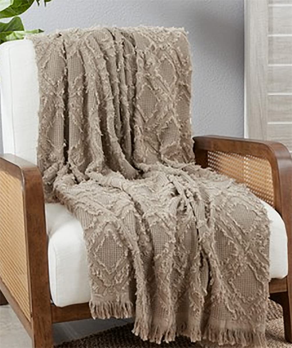 Fennco Styles Boho Fringe Waffle Weave Cotton Throw Blanket 50" W x 60" L – Natural Blanket for Couch, Bedroom and Living Room Décor