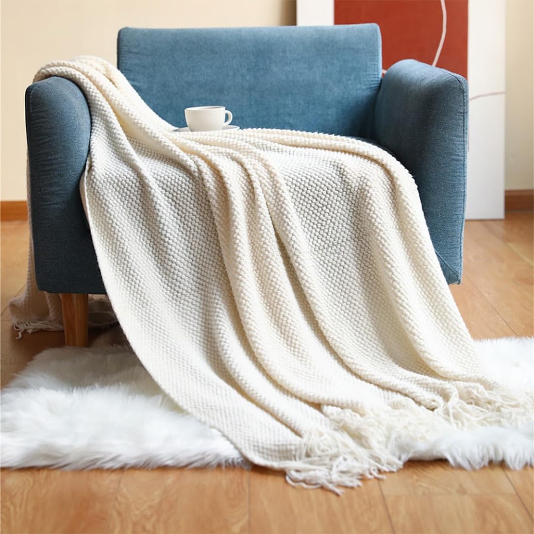 Fennco Styles Textured Knit Solid Fringe Throw Blanket 50" W x 60" L - Navy Blue Waffle Pattern Light Weight Blanket for Sofa, Couch, Living Room and Bedroom Décor