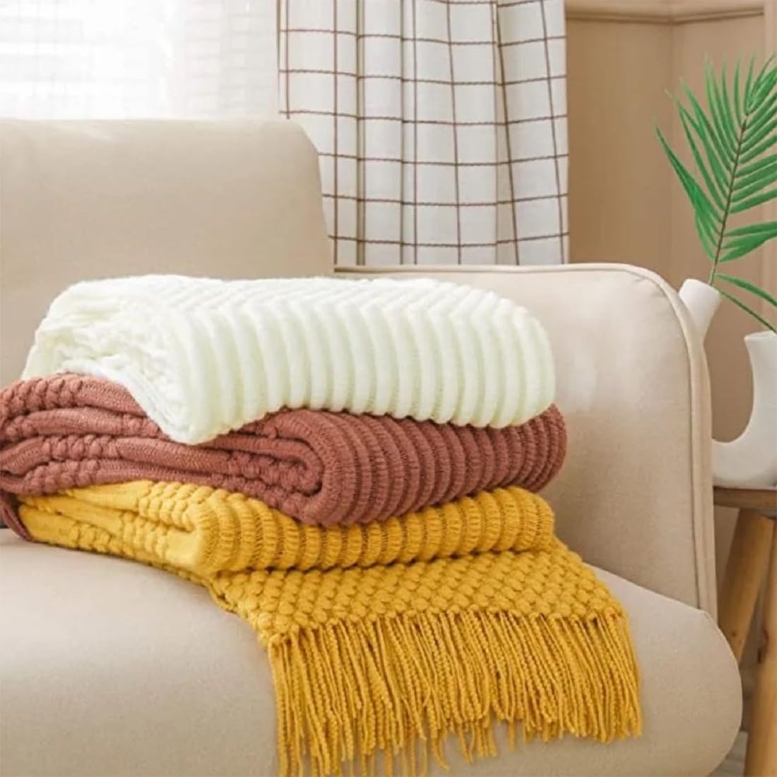 Fennco Styles Striped Knit Solid Fringe Throw Blanket 50" W x 60" L - Navy Blue Soft Textured Light Weight Blanket for Sofa, Couch, Living Room and Bedroom Décor