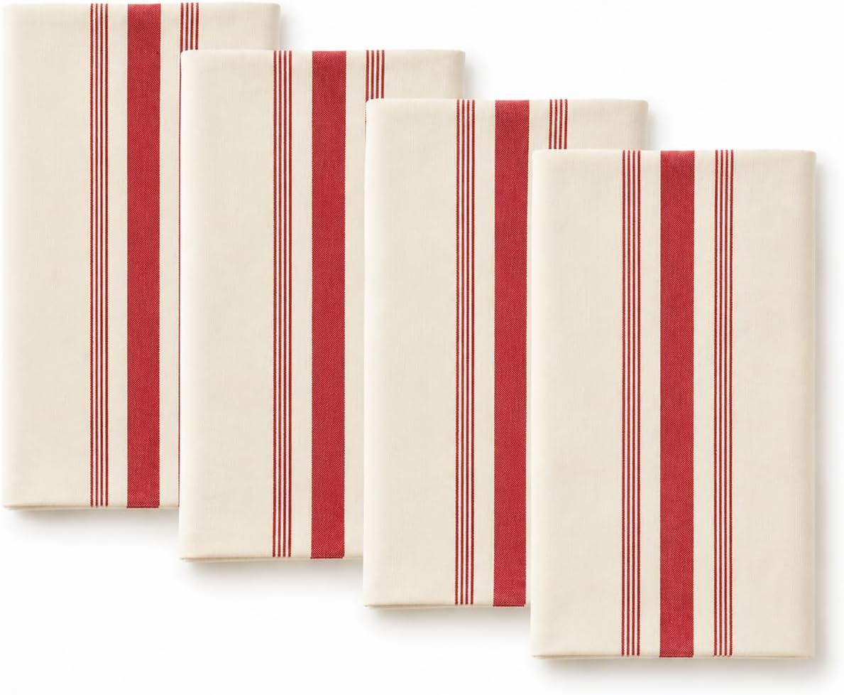 Fennco Styles Beige Cotton Cloth Napkins with Red Striped Design 20" X 20", Set of 4 - Farmhouse Reusable Dinner Napkins for Everyday Dining, Kitchen, Holiday & Rustic Table Décor