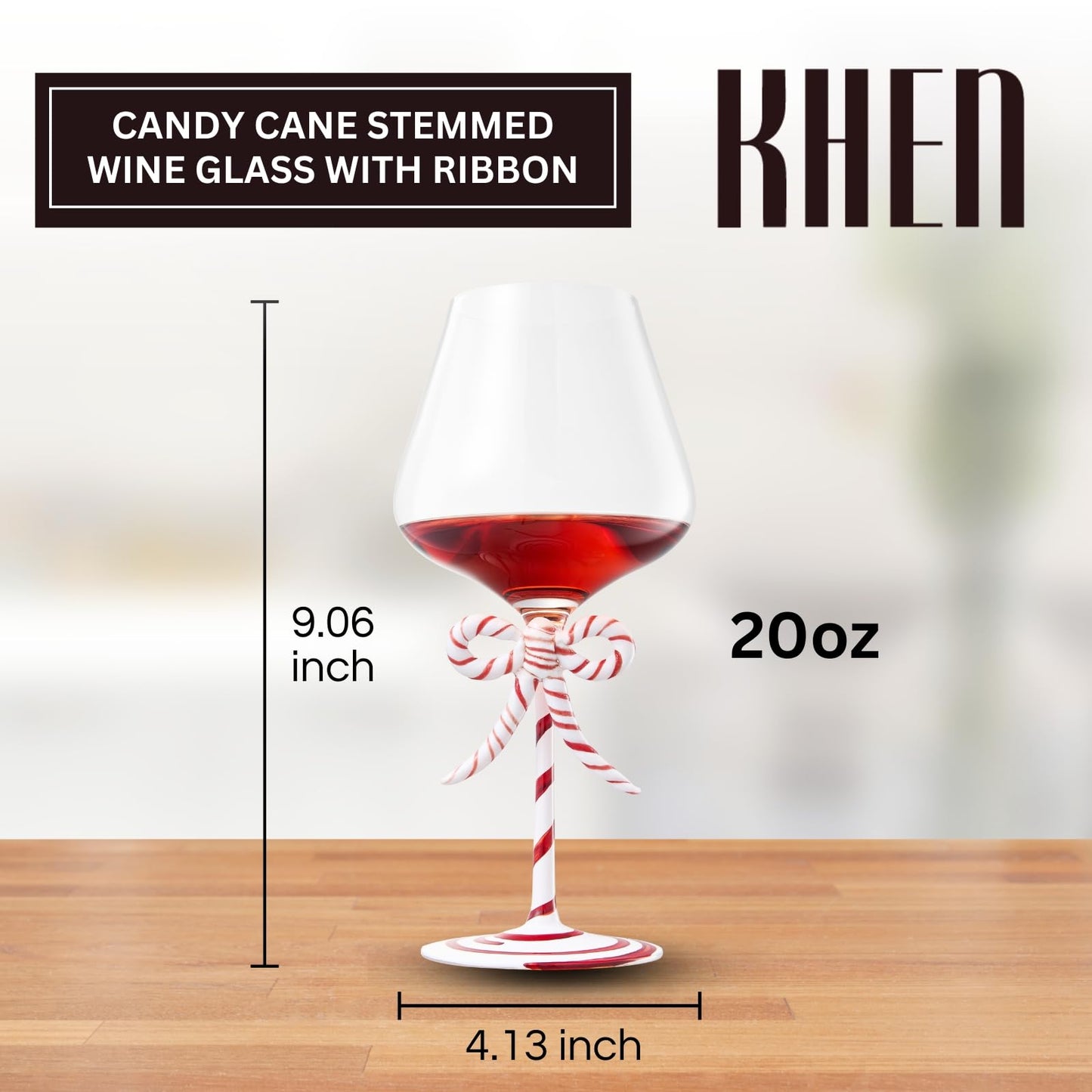 Khen Christmas Candy Cane Bow Wine Glasses - Set of 2