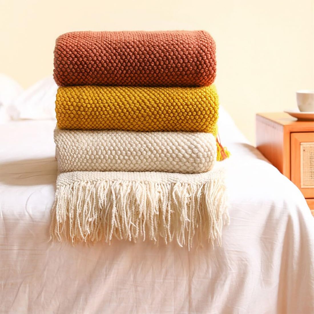 Fennco Styles Textured Knit Solid Fringe Throw Blanket 50" W x 60" L - Navy Blue Waffle Pattern Light Weight Blanket for Sofa, Couch, Living Room and Bedroom Décor