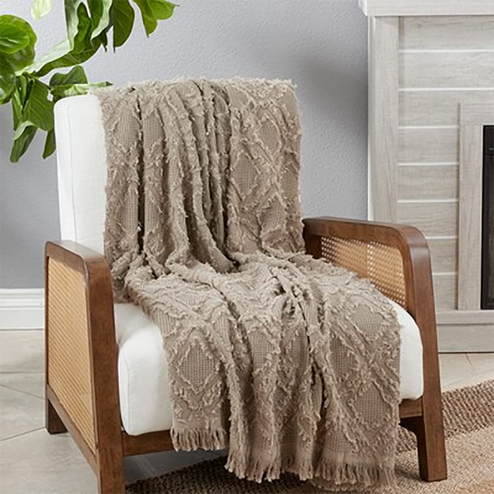 Fennco Styles Boho Fringe Waffle Weave Cotton Throw Blanket 50" W x 60" L – Natural Blanket for Couch, Bedroom and Living Room Décor