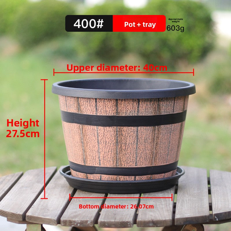 Retro Imitation Wooden Barrel Plastic Flower Pot