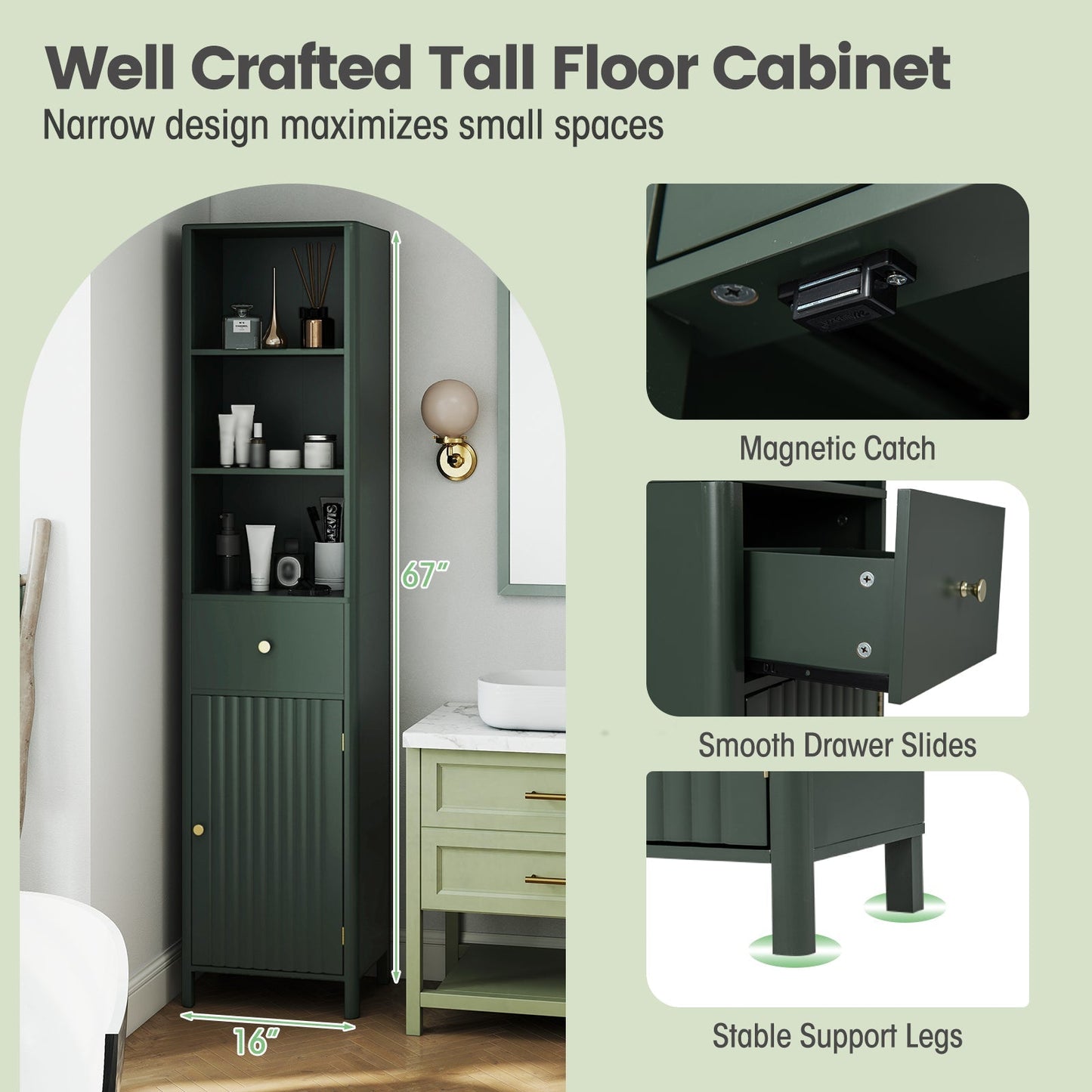 67 Inch Tall Bathroom Cabinet Narrow Floor Cabinet with Fluted Door