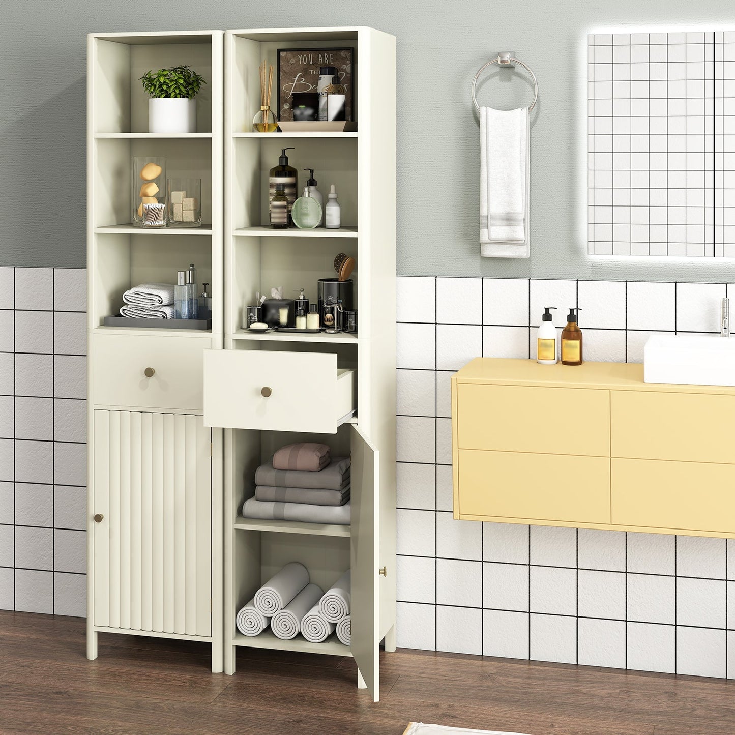 67 Inch Tall Bathroom Cabinet Narrow Floor Cabinet with Fluted Door