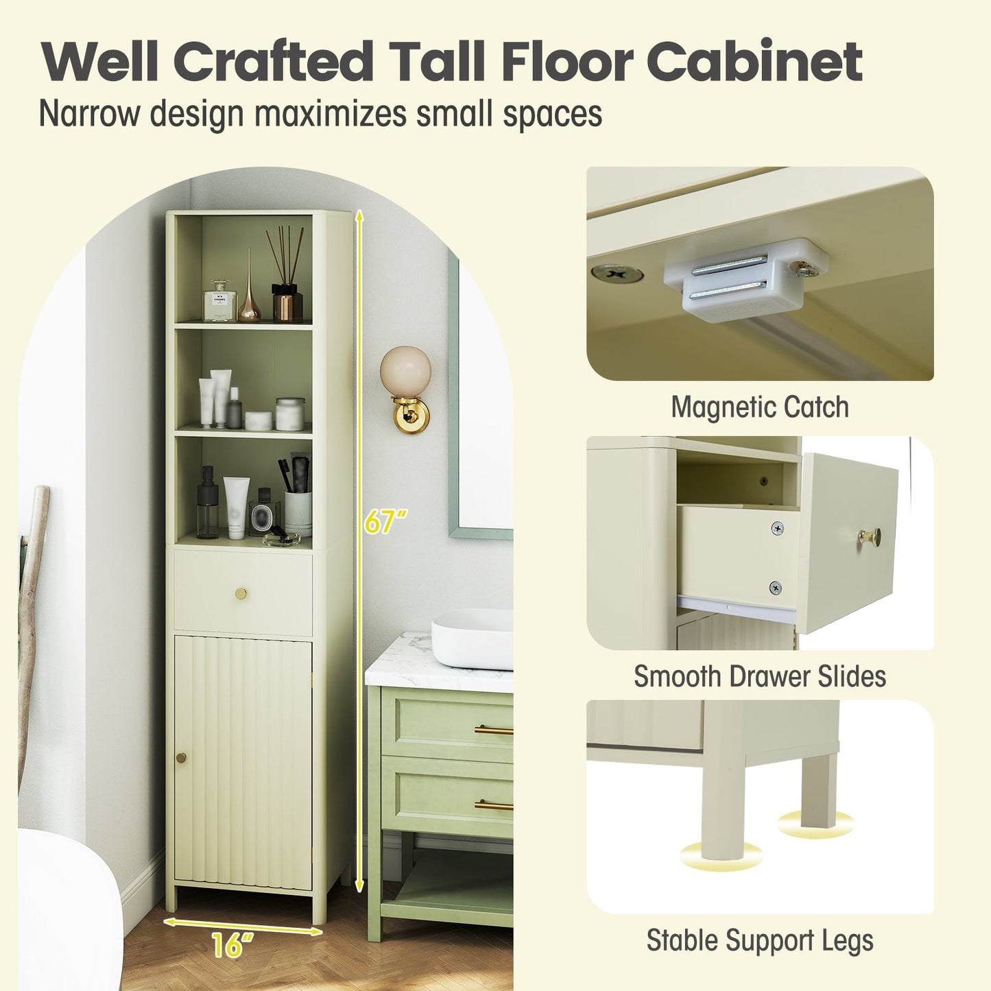 67 Inch Tall Bathroom Cabinet Narrow Floor Cabinet with Fluted Door