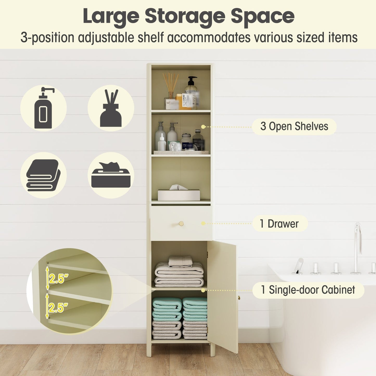67 Inch Tall Bathroom Cabinet Narrow Floor Cabinet with Fluted Door