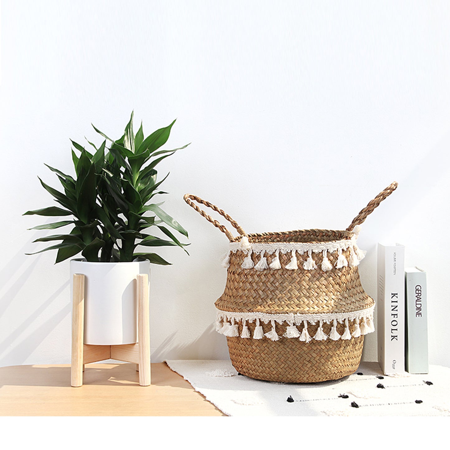 Foldable Straw Woven Flower Pot Basket Storage Nordic Decorative Plant Floor Basket