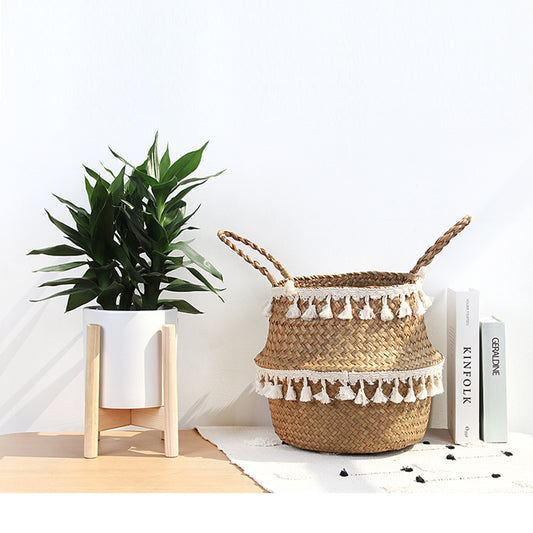 Foldable Straw Woven Flower Pot Basket Storage Nordic Decorative Plant Floor Basket