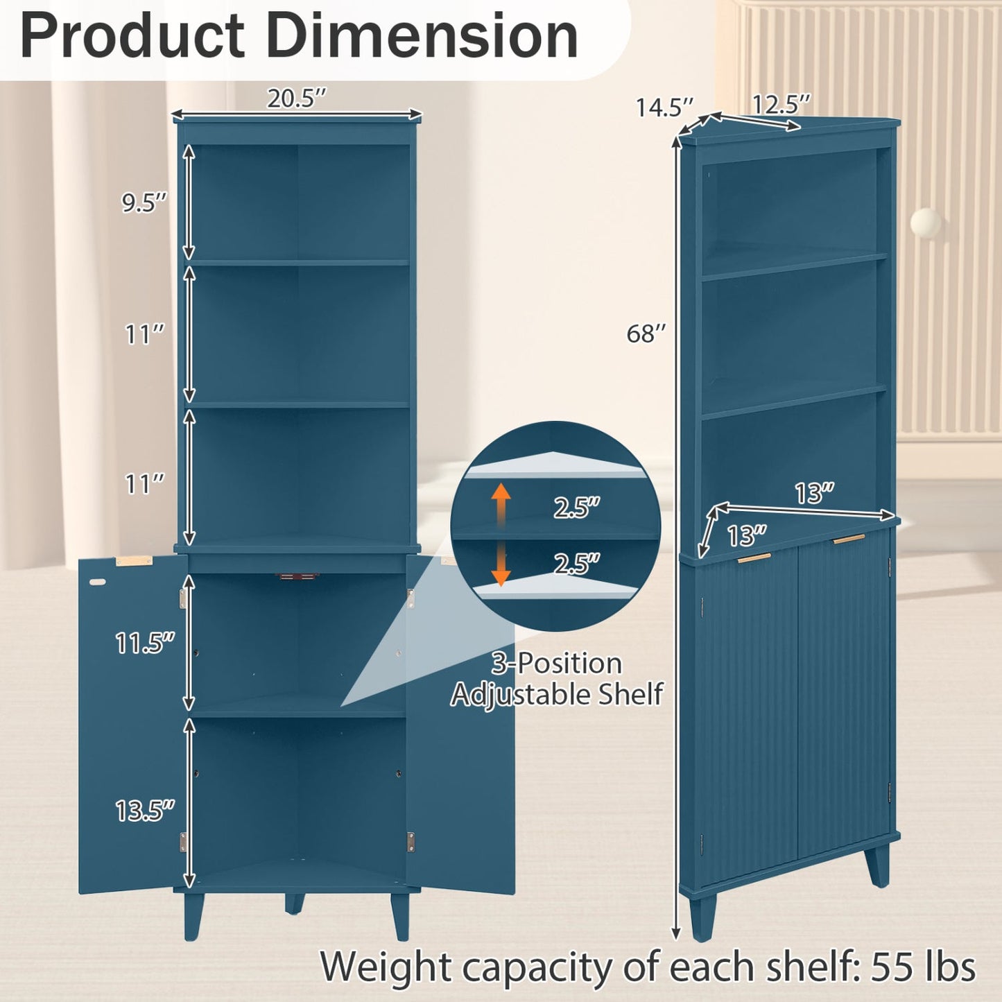 68 Inch Tall Bathroom Floor Storage Cabinet with Fluted Doors