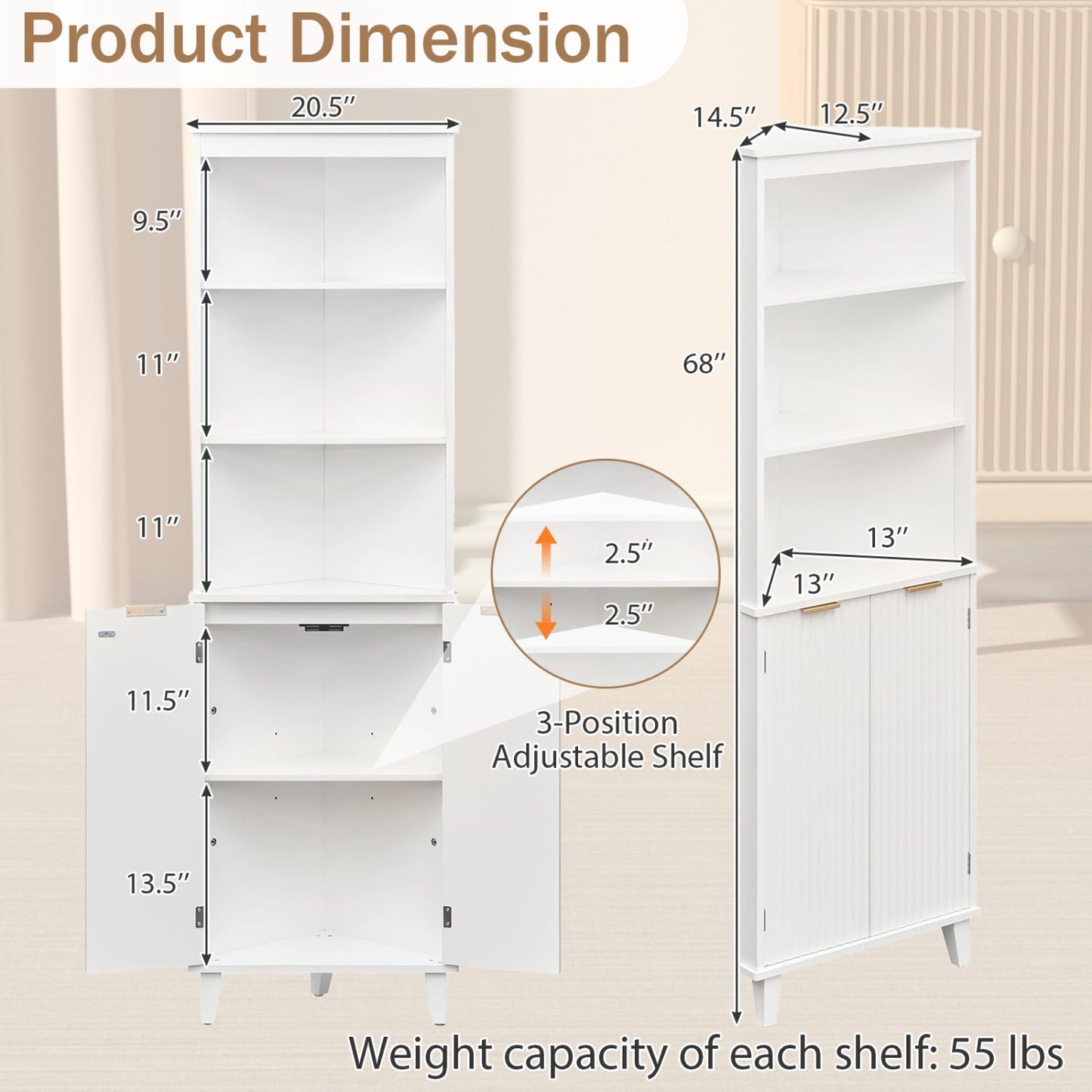 68 Inch Tall Bathroom Floor Storage Cabinet with Fluted Doors