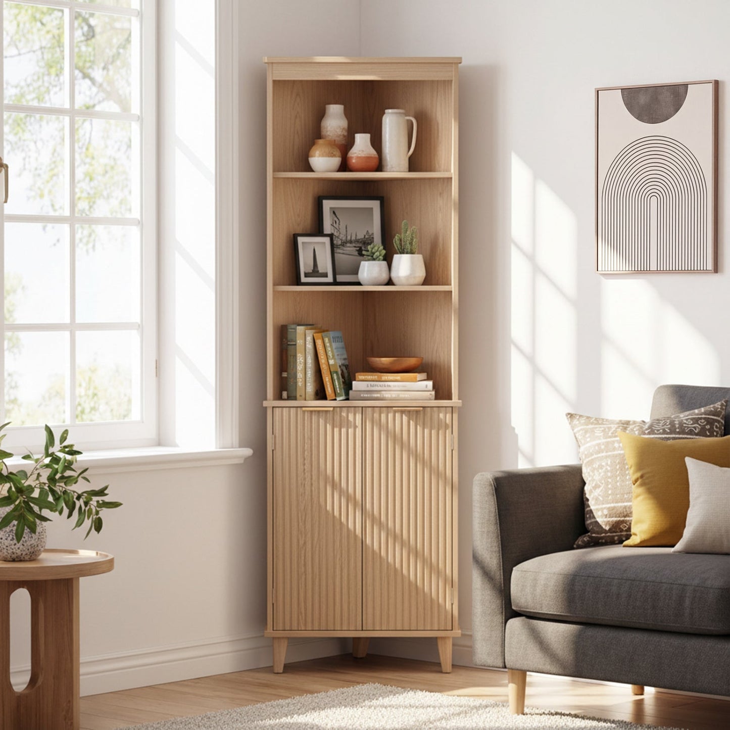 68 Inch Tall Corner Cabinet with Fluted Doors for Bathroom