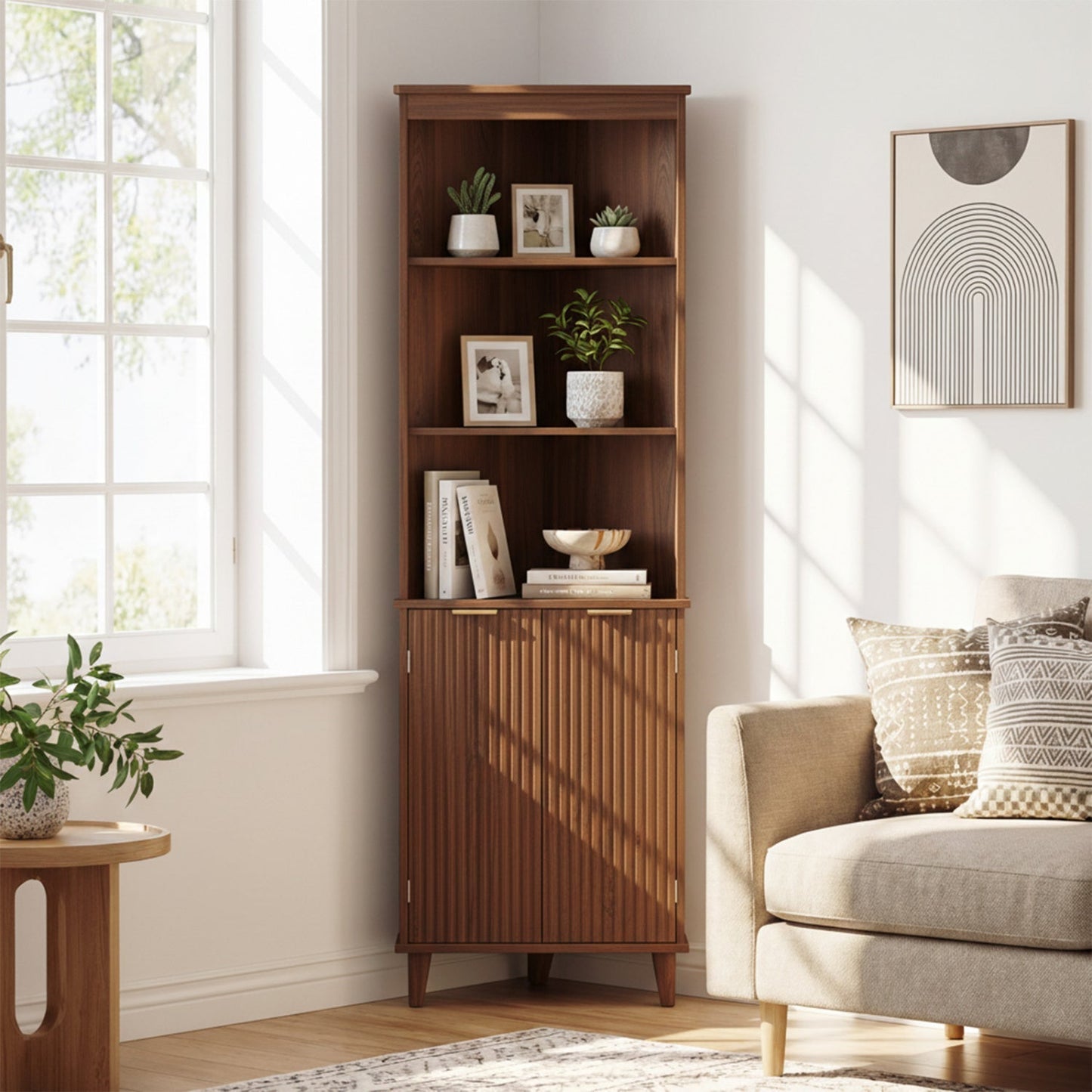 68 Inch Tall Corner Cabinet with Fluted Doors for Bathroom