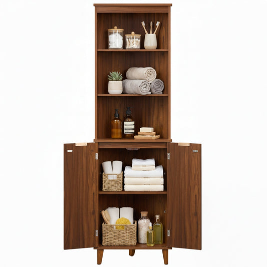 68 Inch Tall Corner Cabinet with Fluted Doors for Bathroom