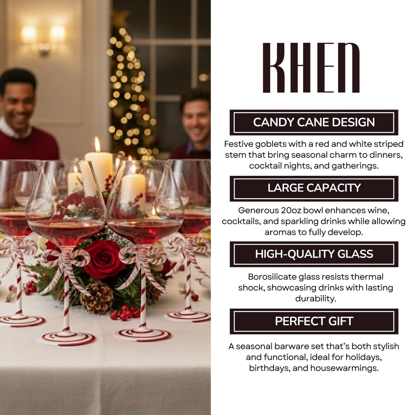 Khen Christmas Candy Cane Bow Wine Glasses - Set of 2