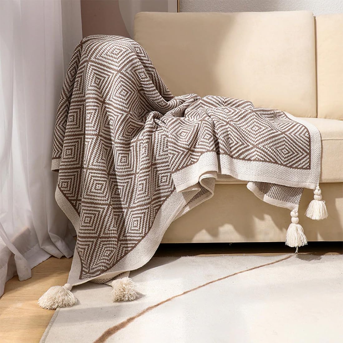 Fennco Styles Modern Diamond Knitted Throw Blanket with Tassel 50" W x 60" L – Taupe Geometric Pattern Lightweight Blanket for Couch, Bedroom, Living Room and Office Décor
