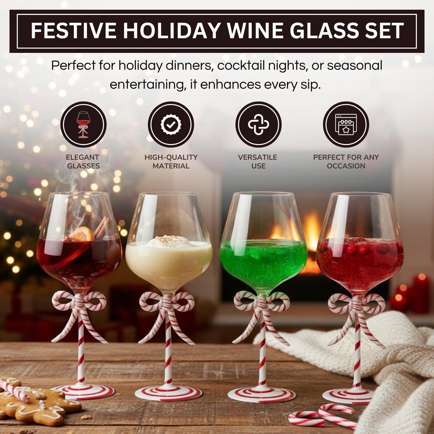 Khen Christmas Candy Cane Bow Wine Glasses - Set of 2