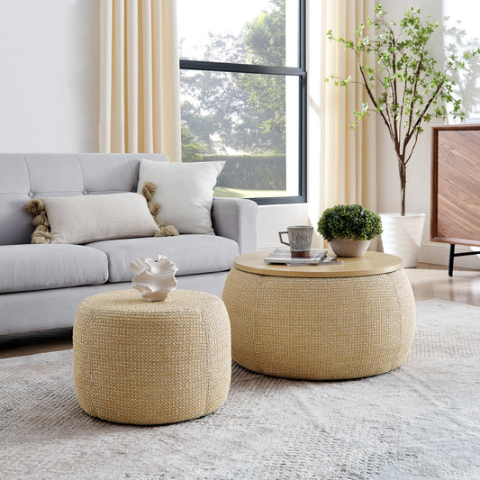 Round Storage Ottoman, Woven Rattan Fabric