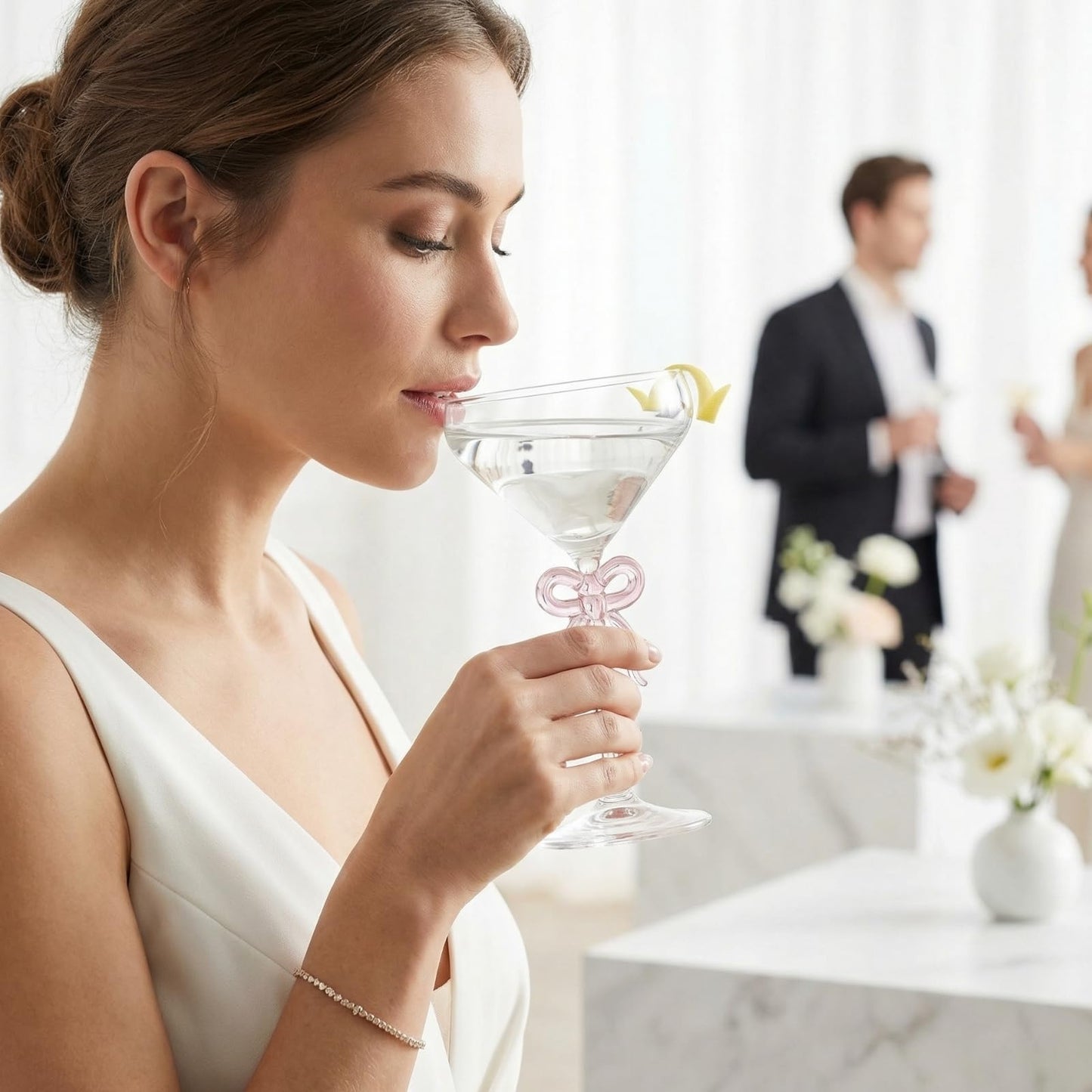 Single Clear Martini Glass with Pink Bow on Stem, One Piece
