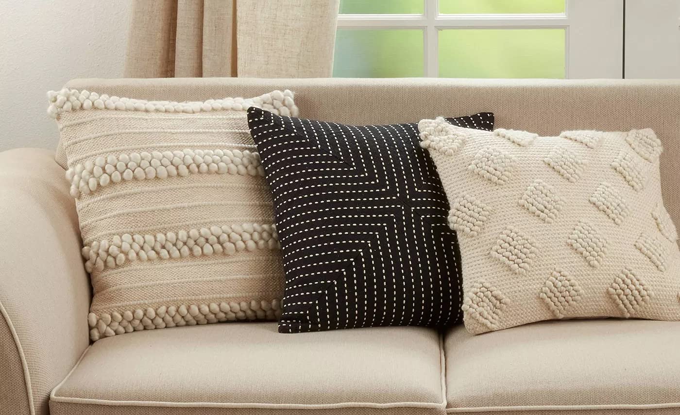 Fennco Styles Pom Pom Diamond Decorative Throw Pillow Cover 18" W x 18" L - Ivory Square Cushion Case for Home, Couch, Bedroom, Living Room and Office Décor