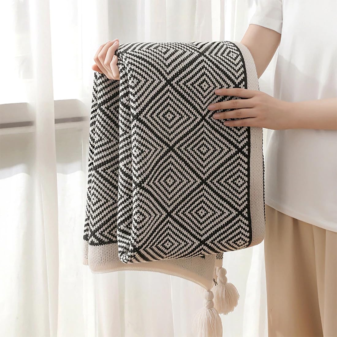 Fennco Styles Modern Diamond Knitted Throw Blanket with Tassel 50" W x 60" L – Taupe Geometric Pattern Lightweight Blanket for Couch, Bedroom, Living Room and Office Décor